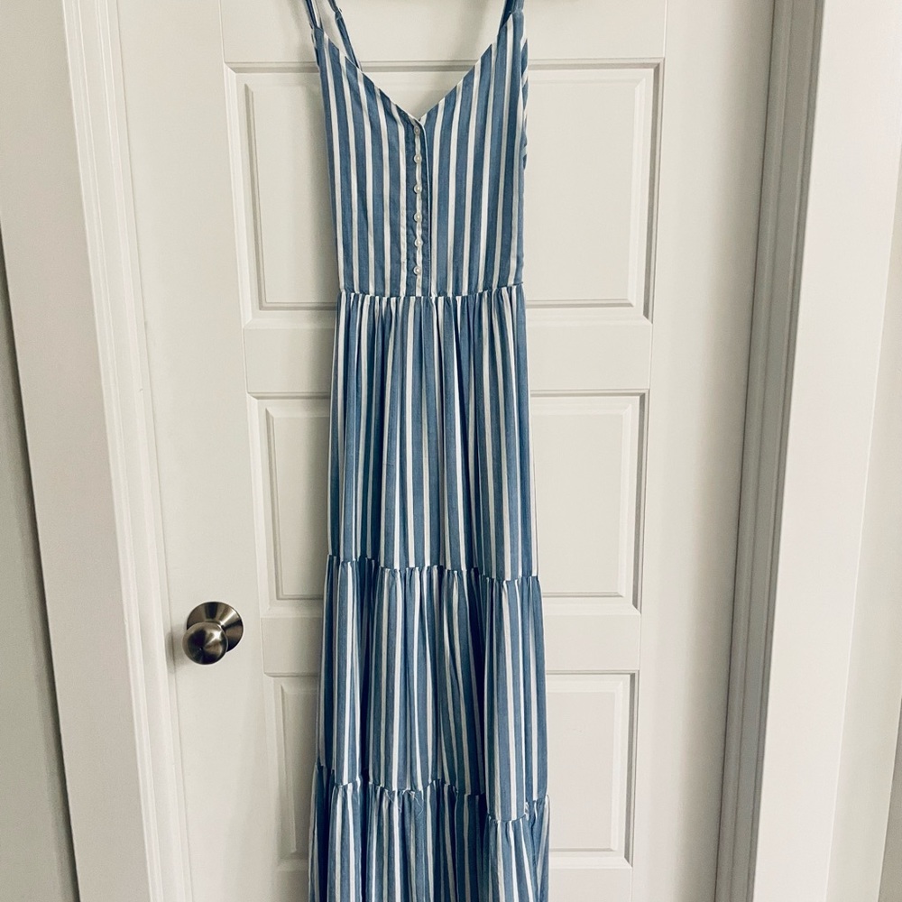 Blue and white stripe tiered maxi